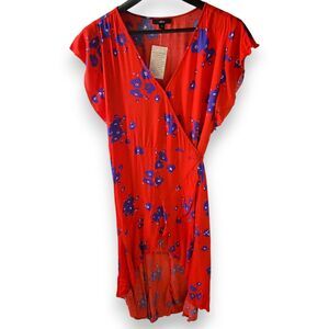 NWT Ellos Plus Size 20 Red Floral Wrap Dress Ruffled High Low Hem
